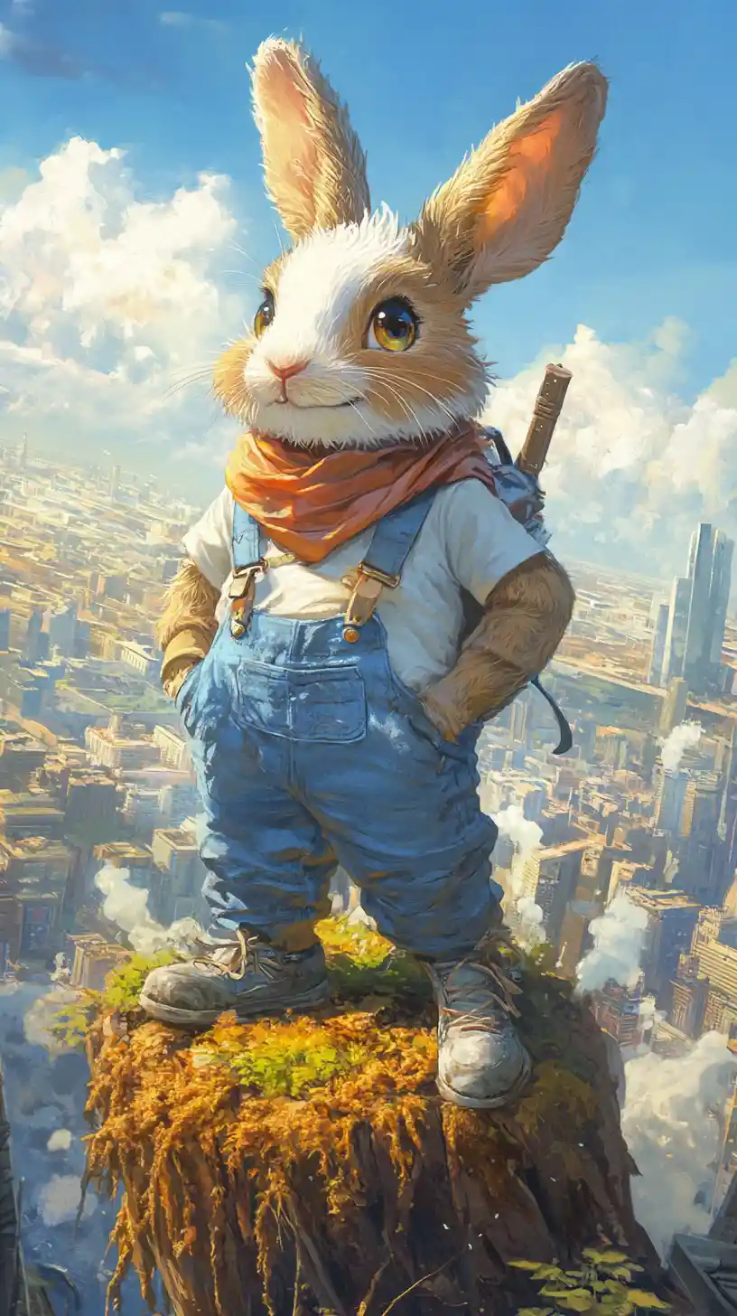 Smiling rabbit on a mossy tree trunk before a city