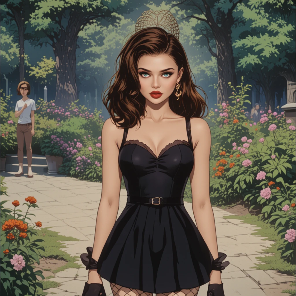Young blonde girl in gothic dress in a public garden