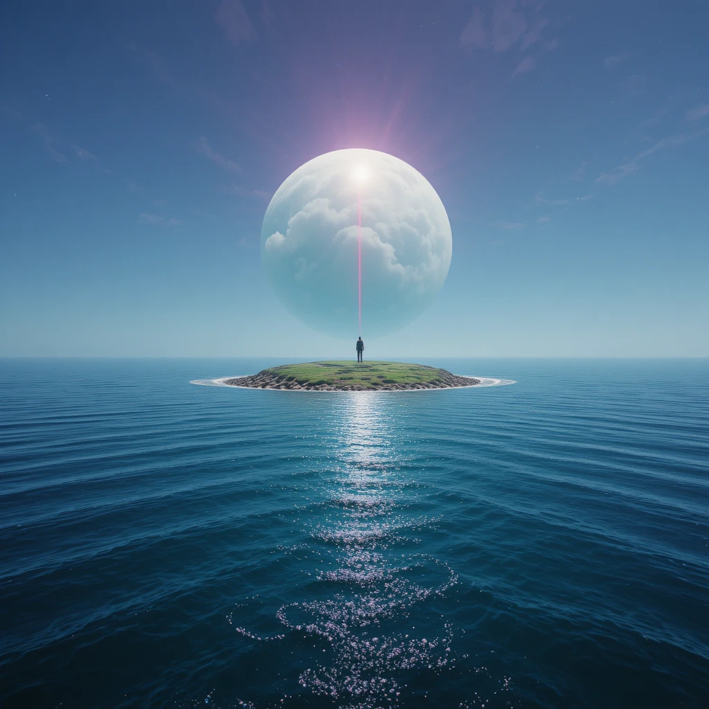 Surreal liquid gold ocean with a floating white sphere