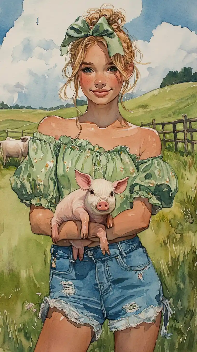 Smiling girl holding a piglet in sunny country meadow