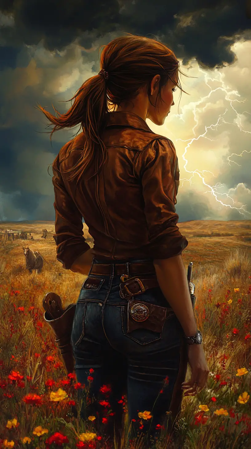 Fantasy cowgirl standing on a storm lit prairie