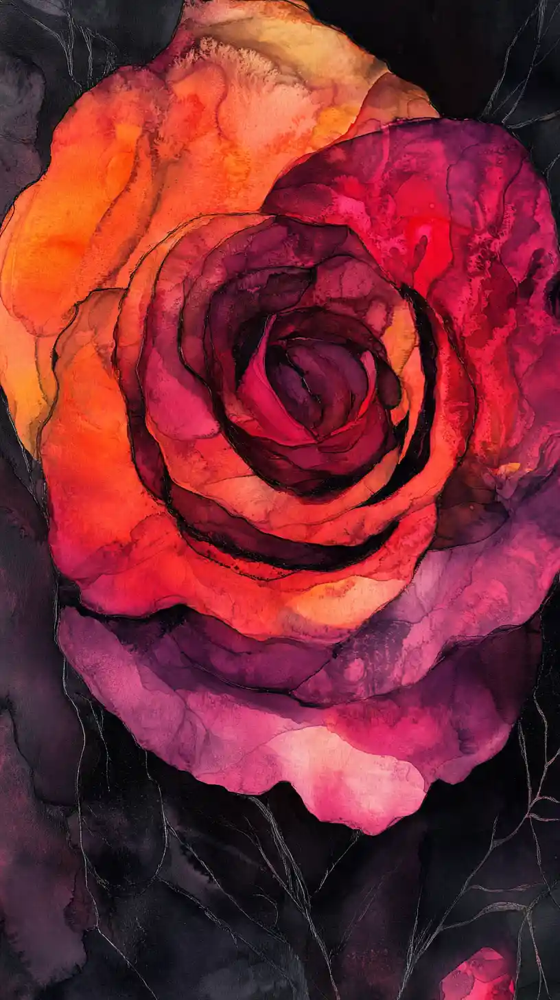 Abstract rose in dramatic black ink with vivid color