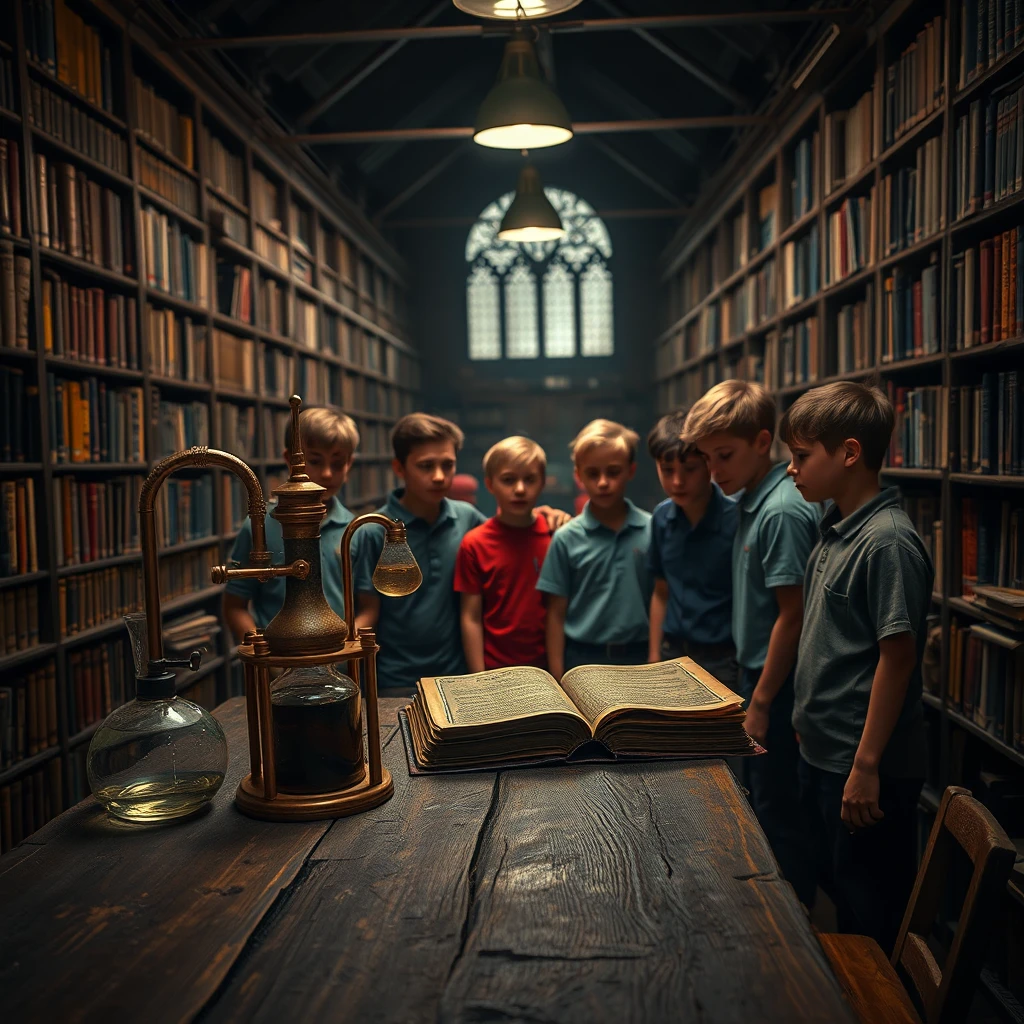 Boys studying a mysterious book in a dim library