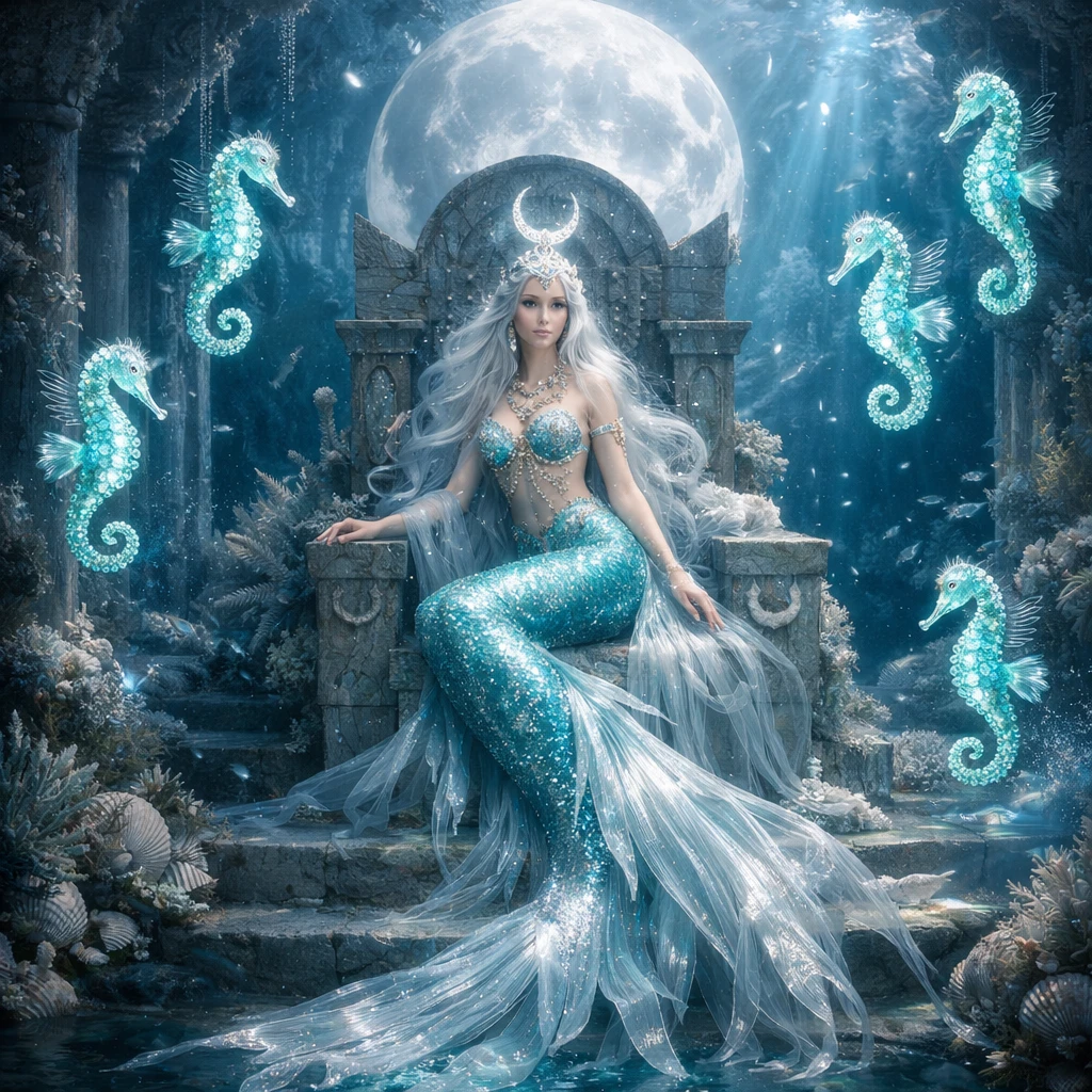 Sirena de la luna en un templo submarino con caballitos de mar brillantes