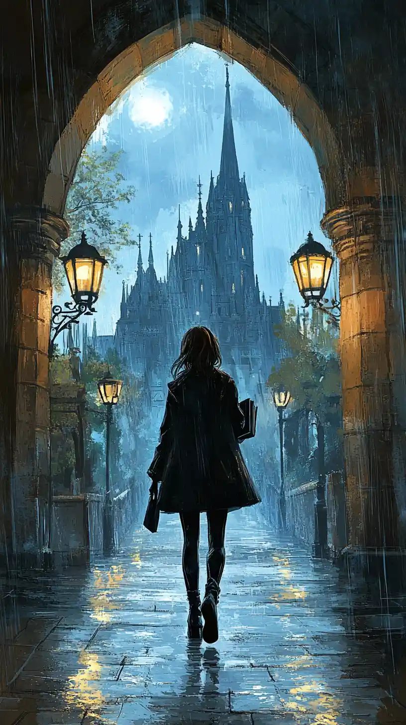 Woman walking toward a gothic castle on a rainy night