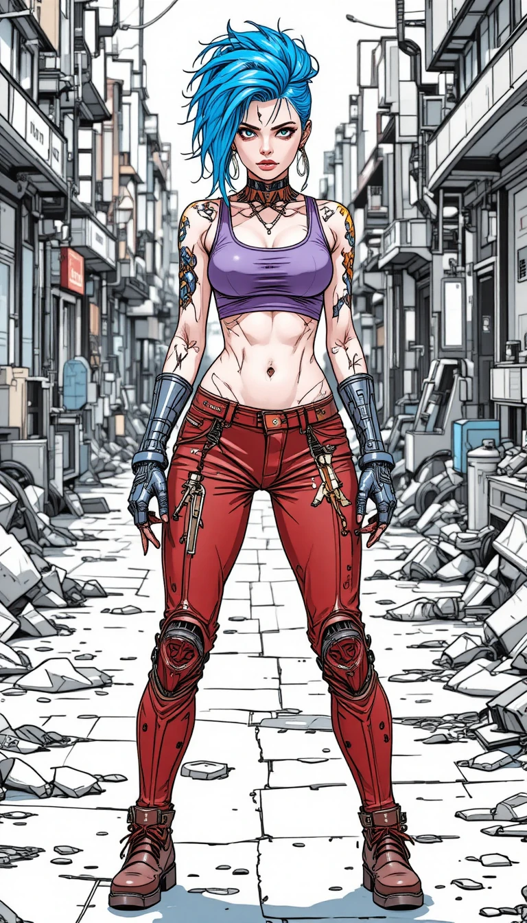 Guerrière cyberpunk en gros plan dans une rue steampunk
