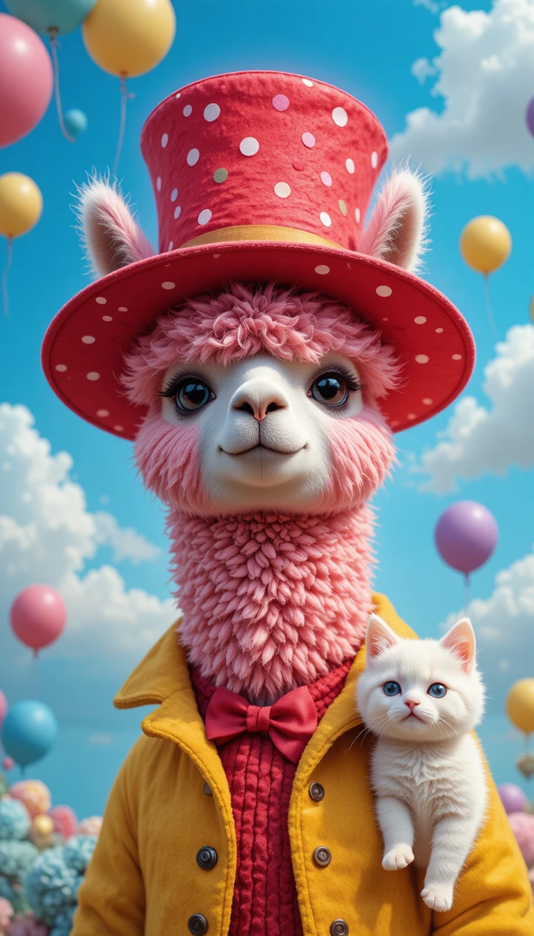 Cute pink alpaca in hat and coat under colorful balloons