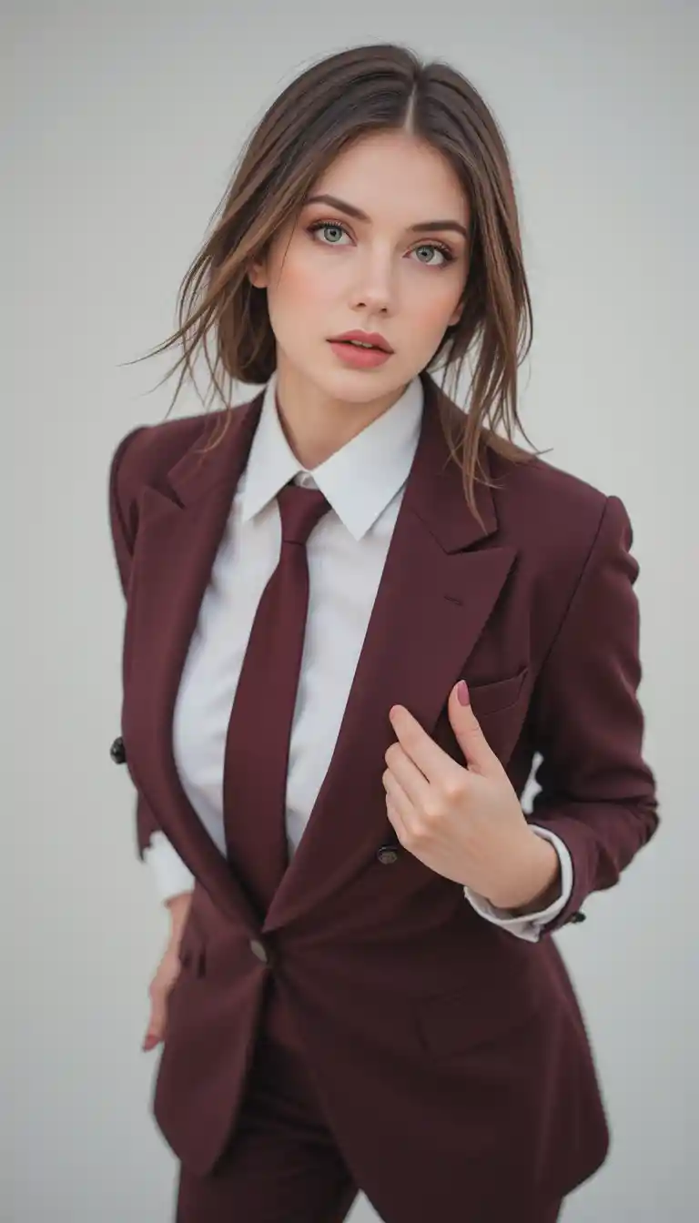 Confident woman in burgundy suit studio close up portrait