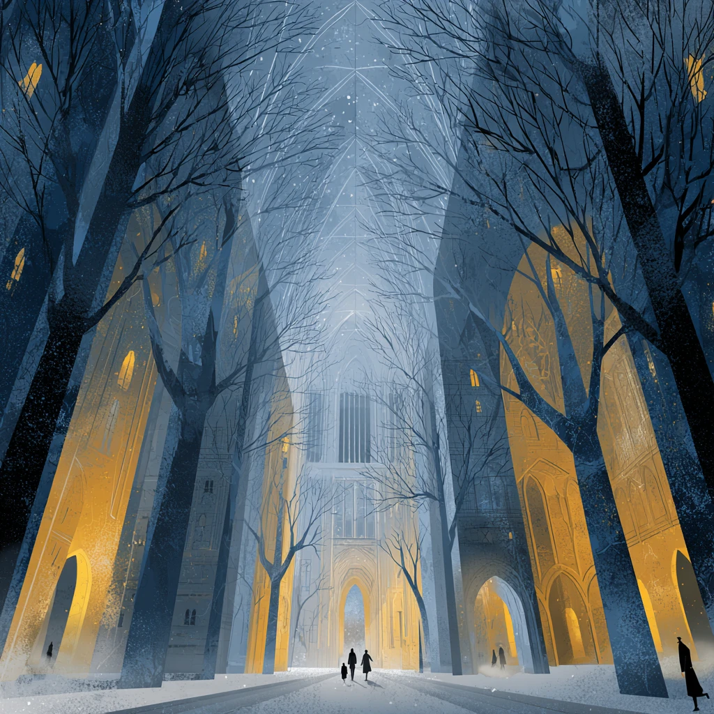 Surreal Gotham city drifting through a misty cathedral