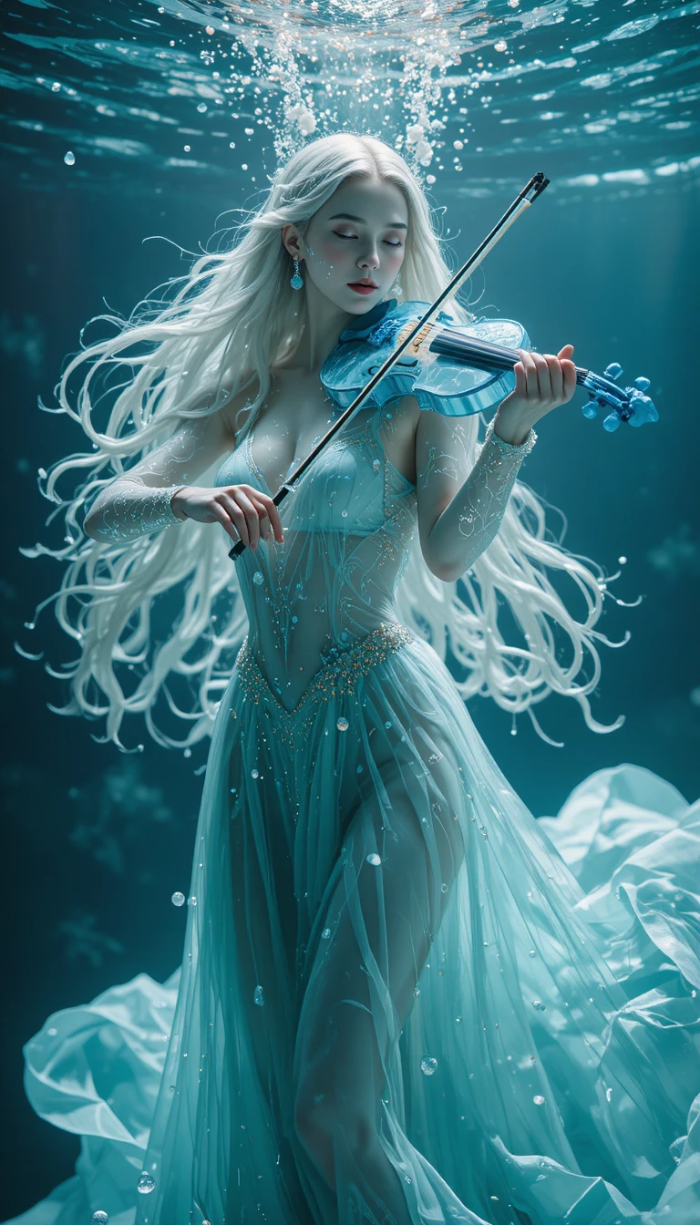 Mythical water woman playing a glass violin underwater
