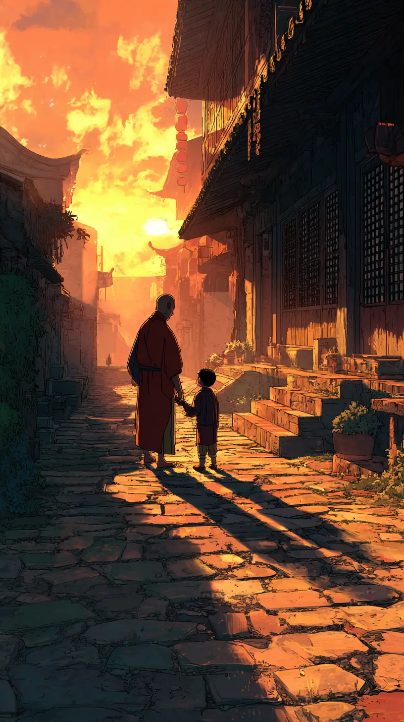 Monk And Boy On Ancient Cobblestone Street At Sunset