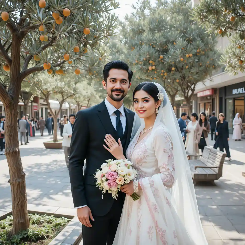 Coppia di sposi romantica in una piazza di Islamabad