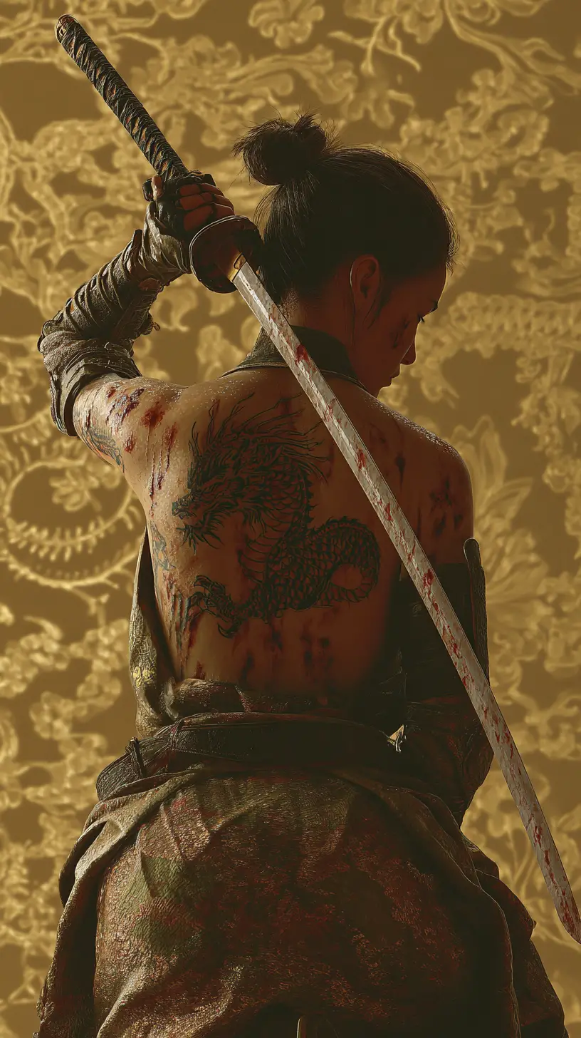 Kneeling samurai woman raising katana before ornate dark background