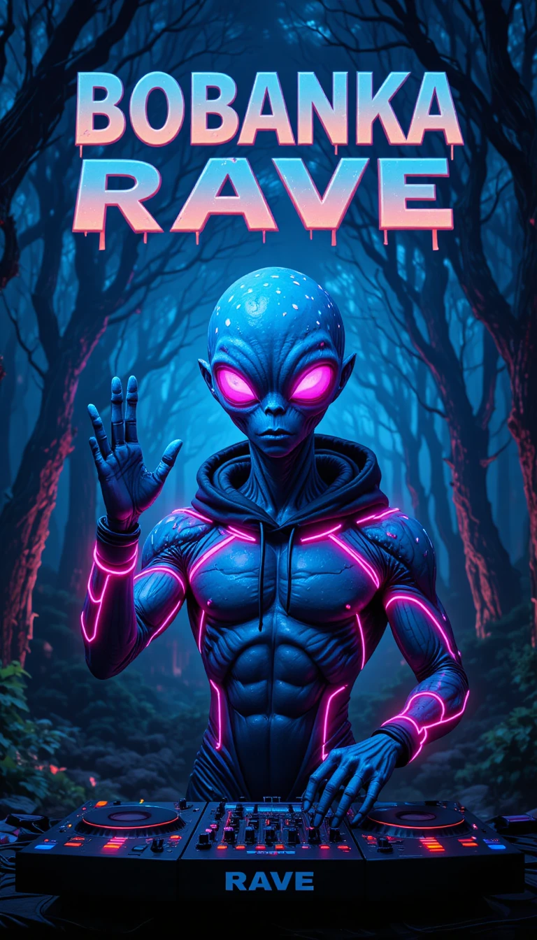 Psychedelic mushroom alien DJ in a glowing forest rave