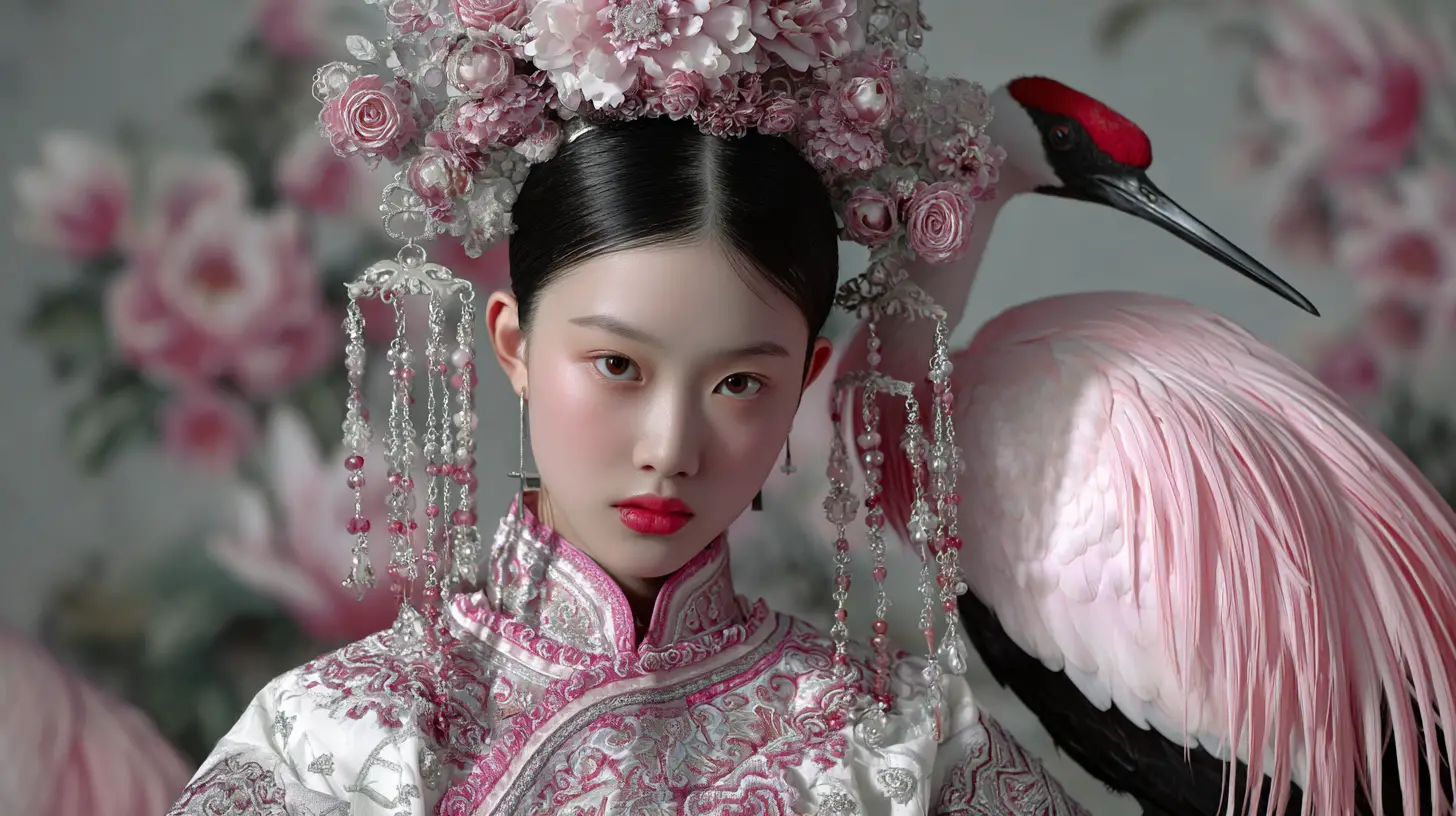 Young woman in ornate headdress with giant pink cat