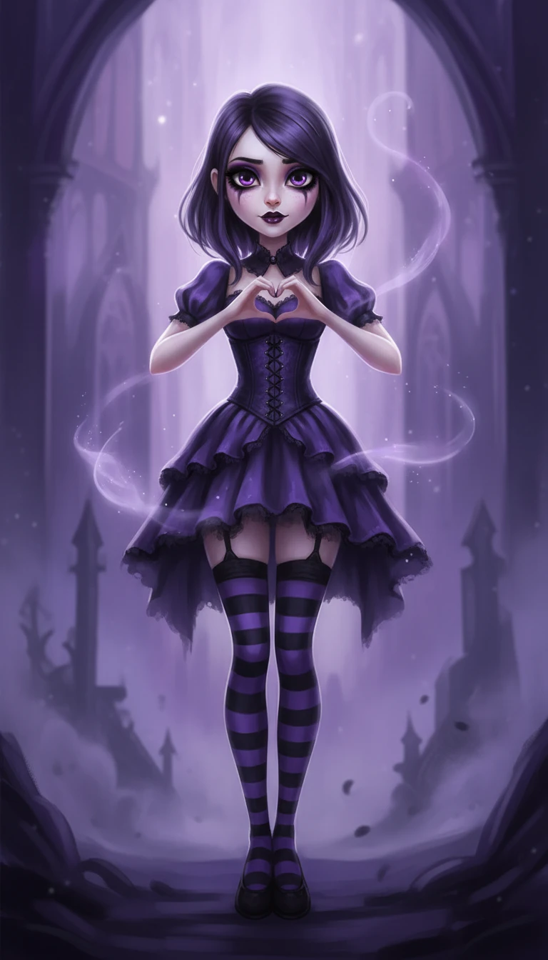 Gothic anime girl posing with a hand heart gesture