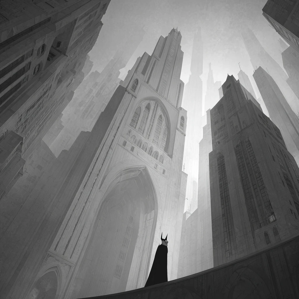 Surreale Gotham City, die durch eine neblige Kathedrale treibt