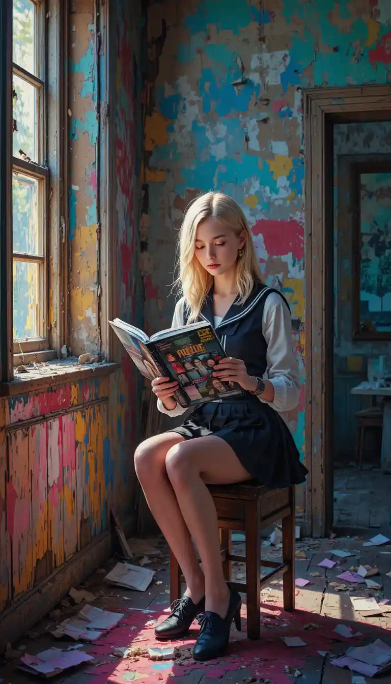 Blonde schoolgirl reading in a decayed abandoned room
