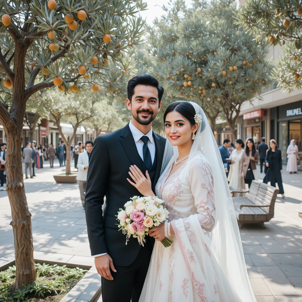 Romantic wedding couple in an Islamabad city square