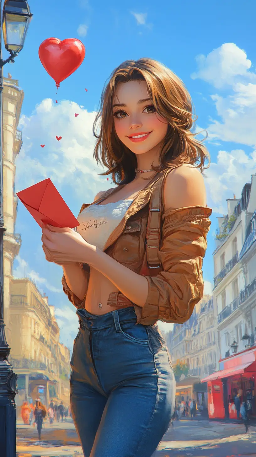 Cheerful young woman with love letter on Paris street