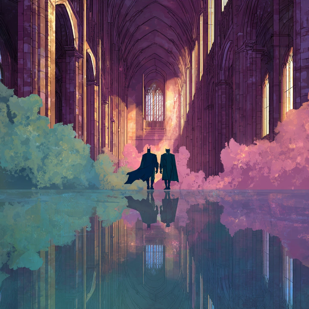 Catedral surreal de Gotham flutuando entre névoa e cores