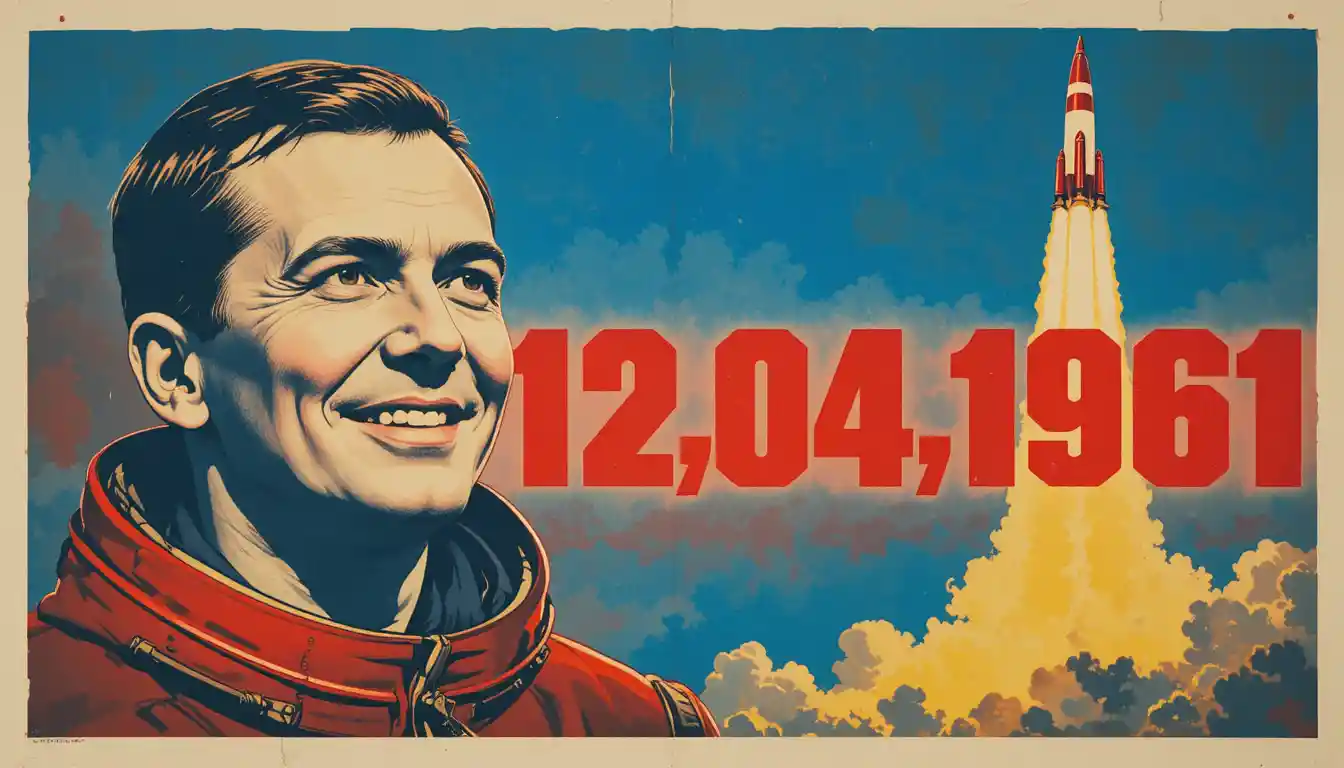 Póster soviético vintage con retrato de Yuri Gagarin y cohete