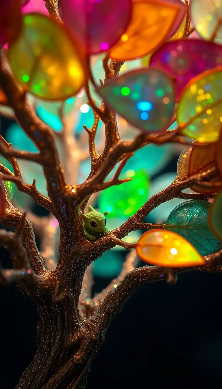 Surreal close up of a glass leaved tree with hidden imp