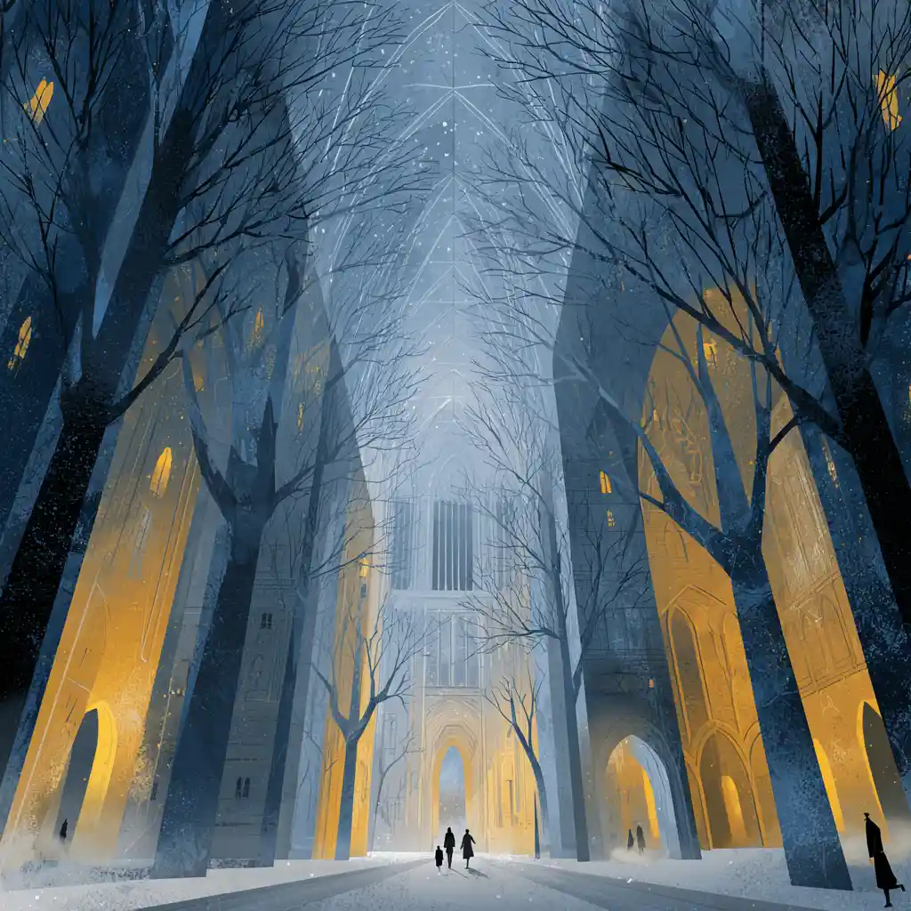 Surreal Gotham city drifting through a misty cathedral