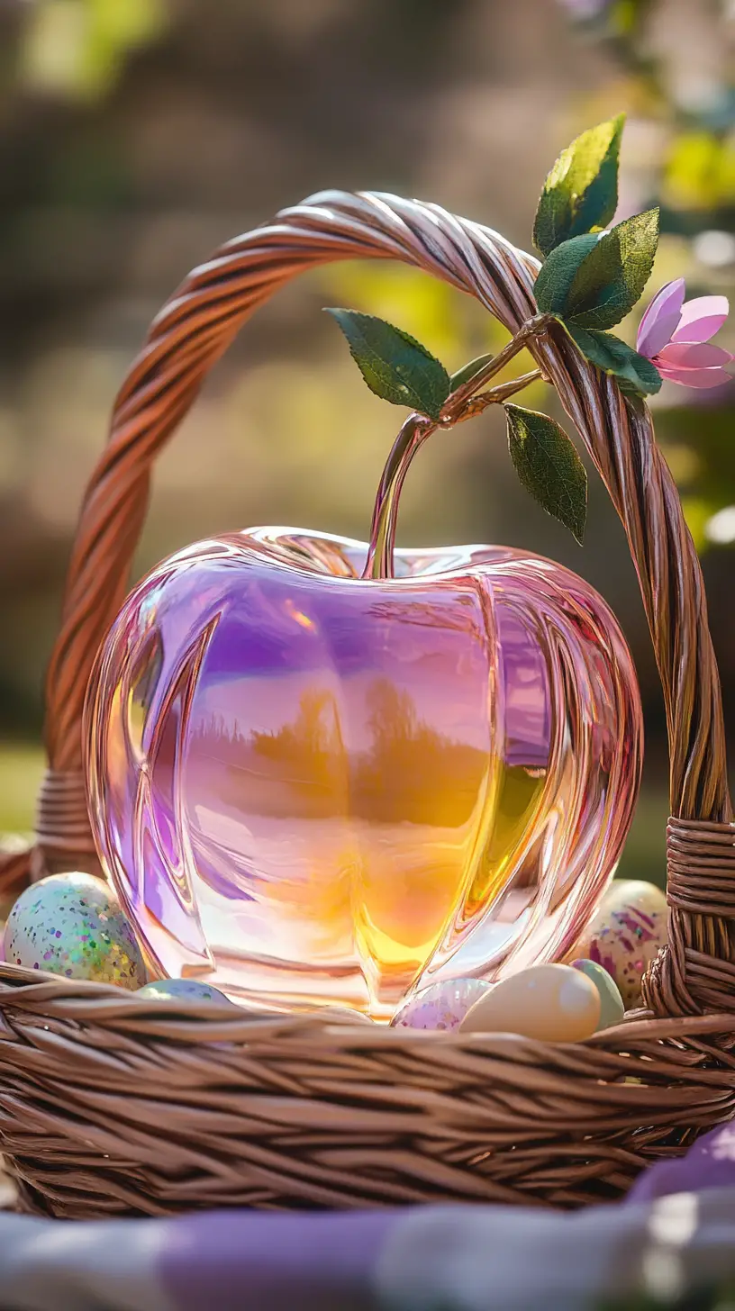 Manzana de vidrio con remolinos en tonos pastel en una cesta de Pascua festiva