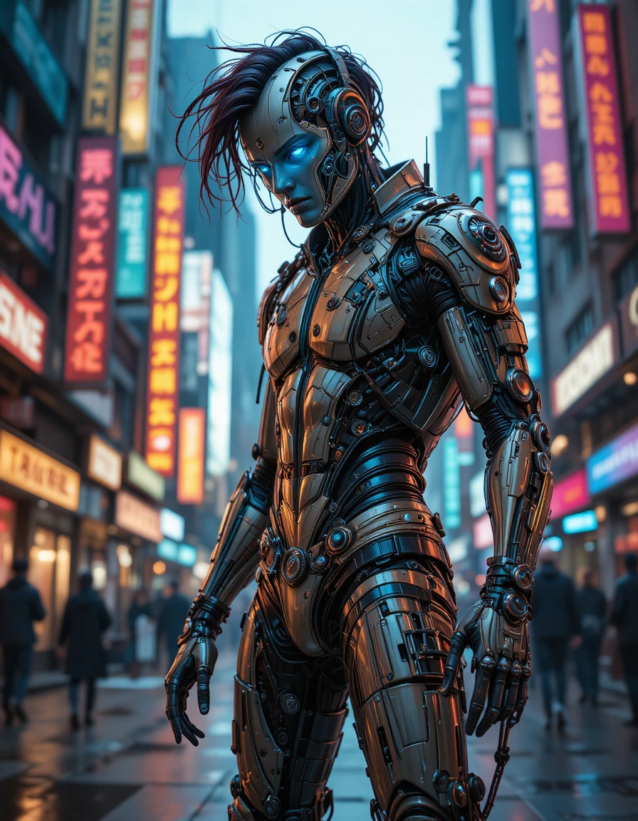 Cyberpunk-Cyborg posiert in einer futuristischen Neon-Metropolenstraße