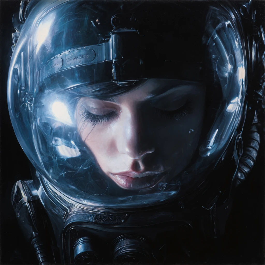 Alien face in glowing bubble helmet with gas mask