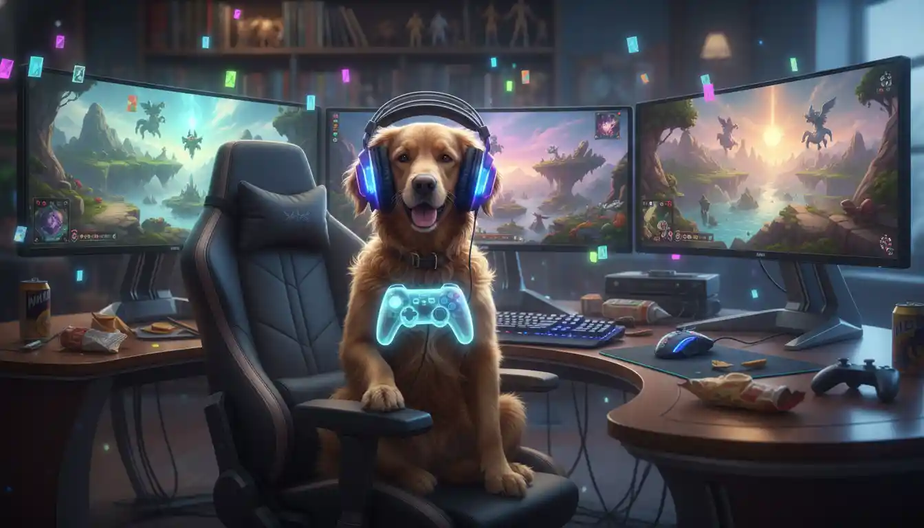 Cane gamer a una scrivania con schermi del computer luminosi