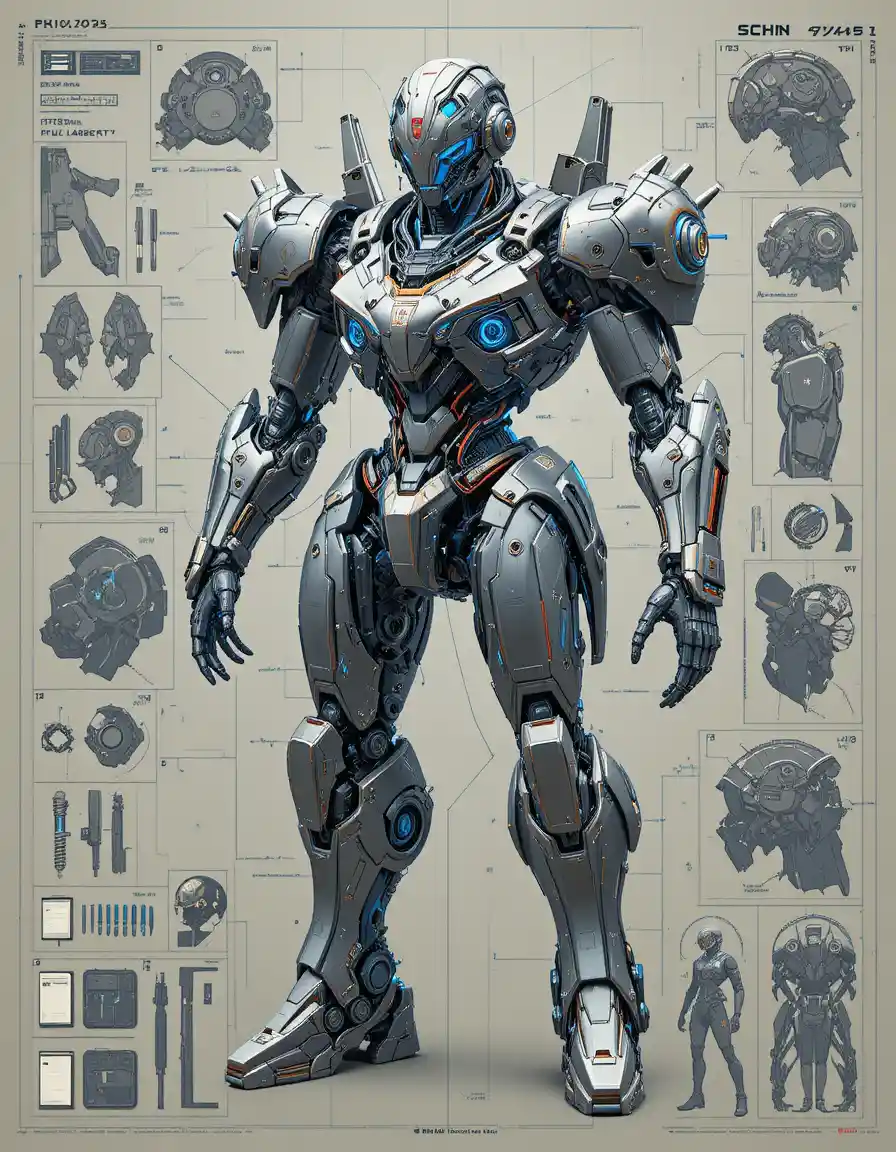 Futuristic cybernetic mecha blueprint with detailed cockpit layout