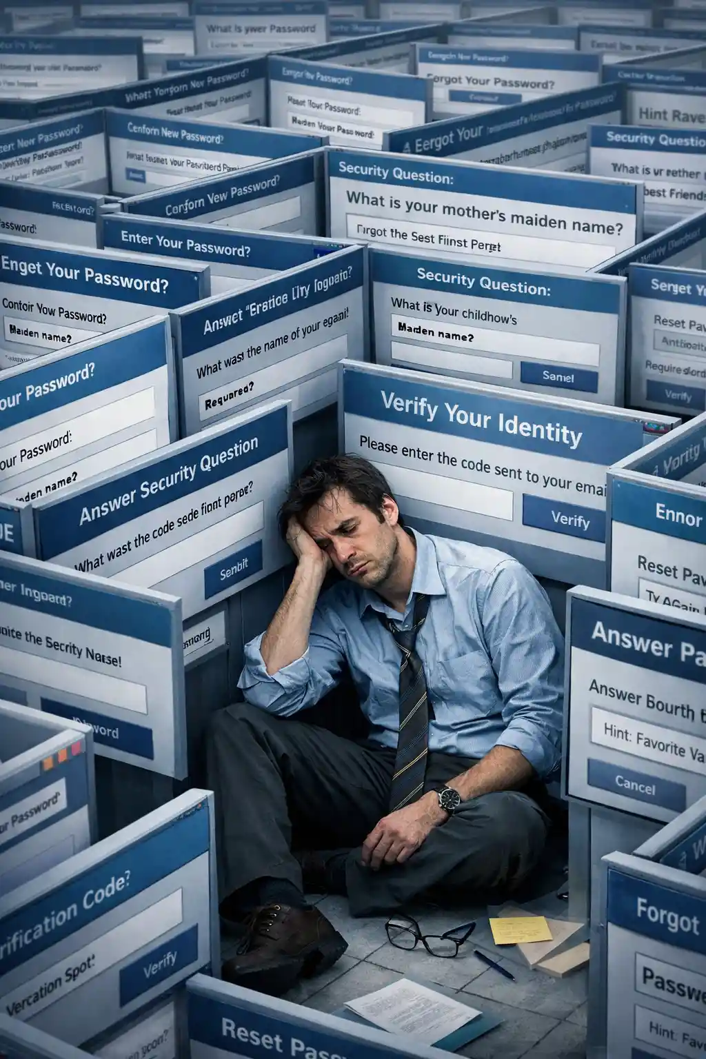 Exhausted worker lost in a maze of password reset screens