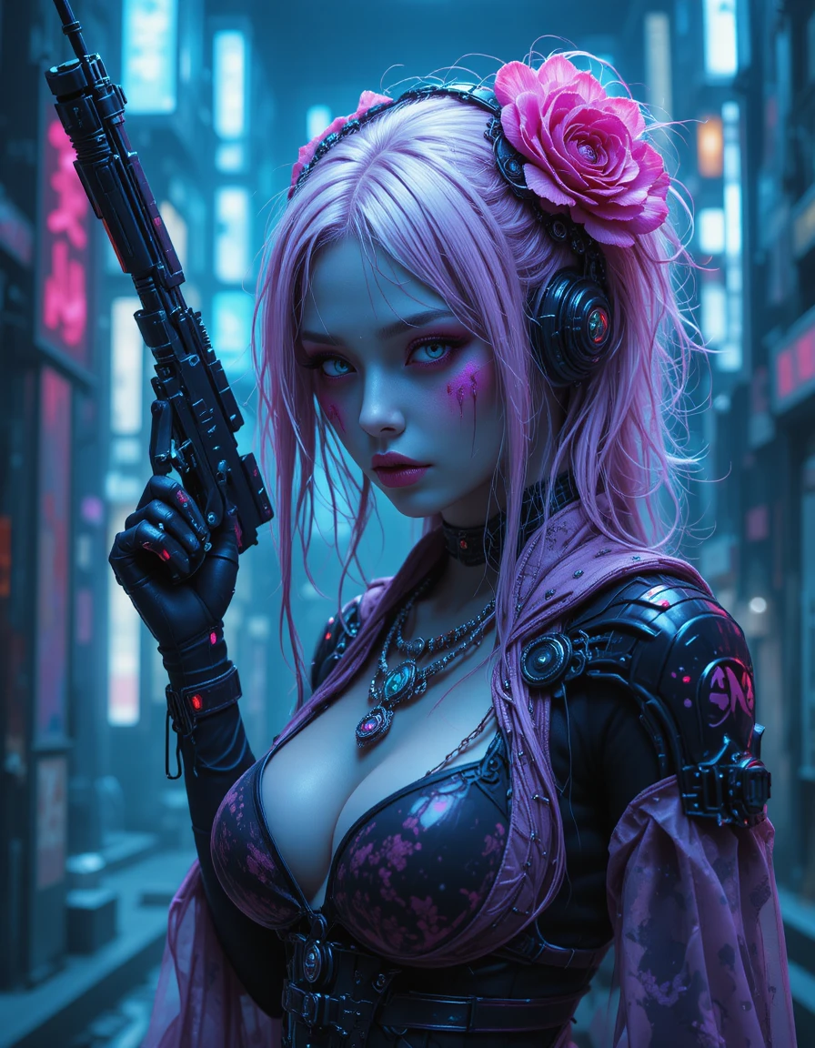Cyberpunk gothic android geisha in a dystopian neon city