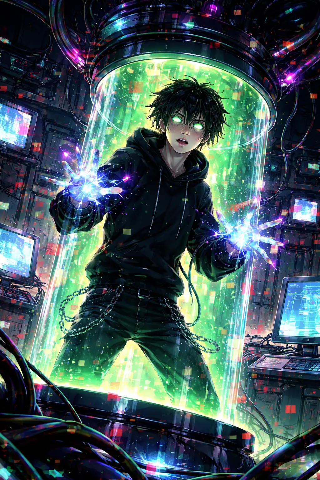 Terrified Korean teen in a glass tube with electric powers