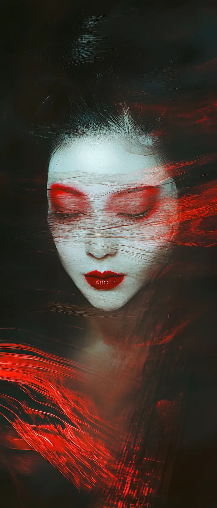 Surreal android geisha portrait in dark horror style