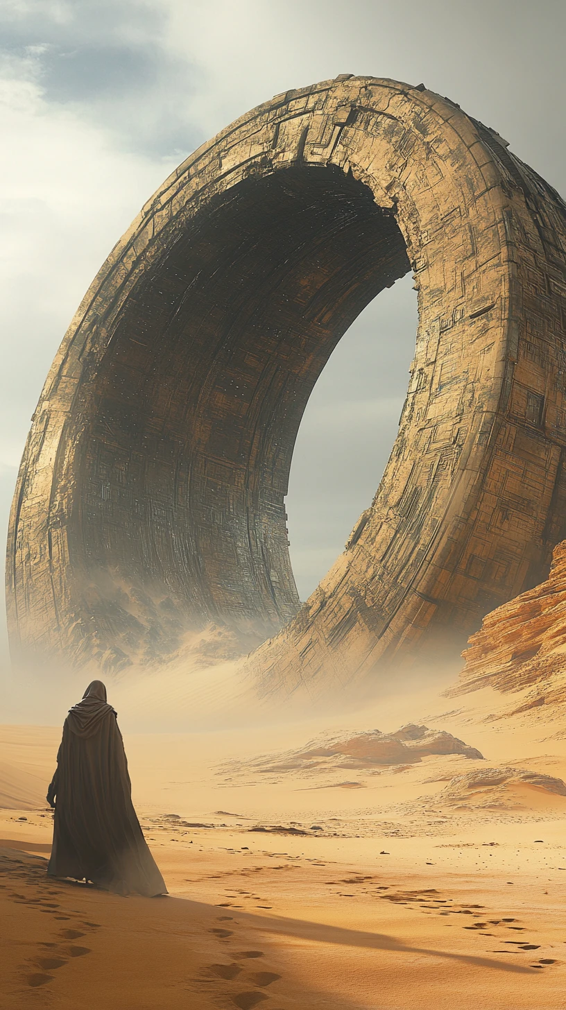 Alien ring megastructure rising above endless desert dunes