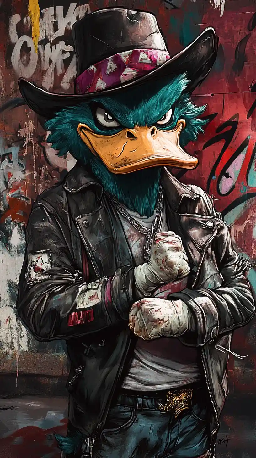 Scarred duck mob underboss in leather jacket and fedora