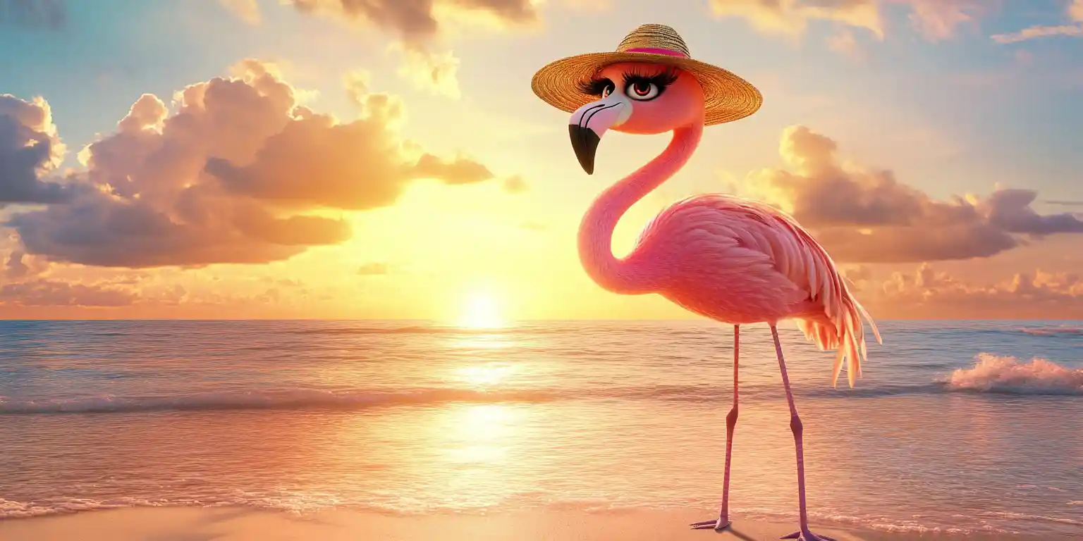 Glamouröser Flamingo, der am tropischen Strand auf einem Bein posiert