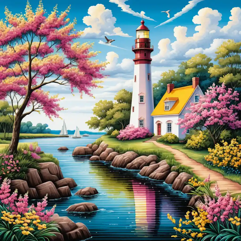 Colorful lighthouse by a narrow river in summer
