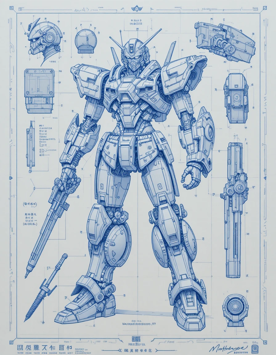 Progetto tecnico di un mecha da combattimento giapponese cyberpunk