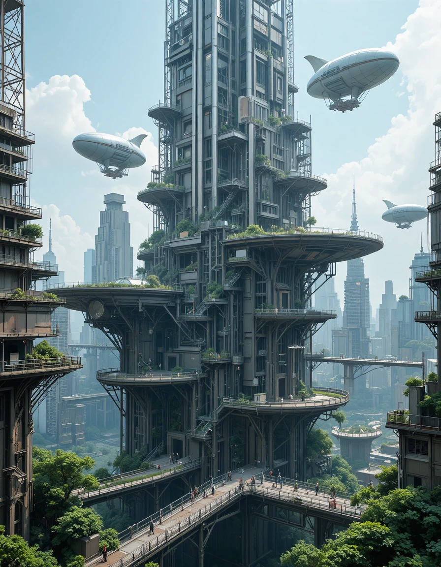 Close up of airships in an overgrown futuristic city