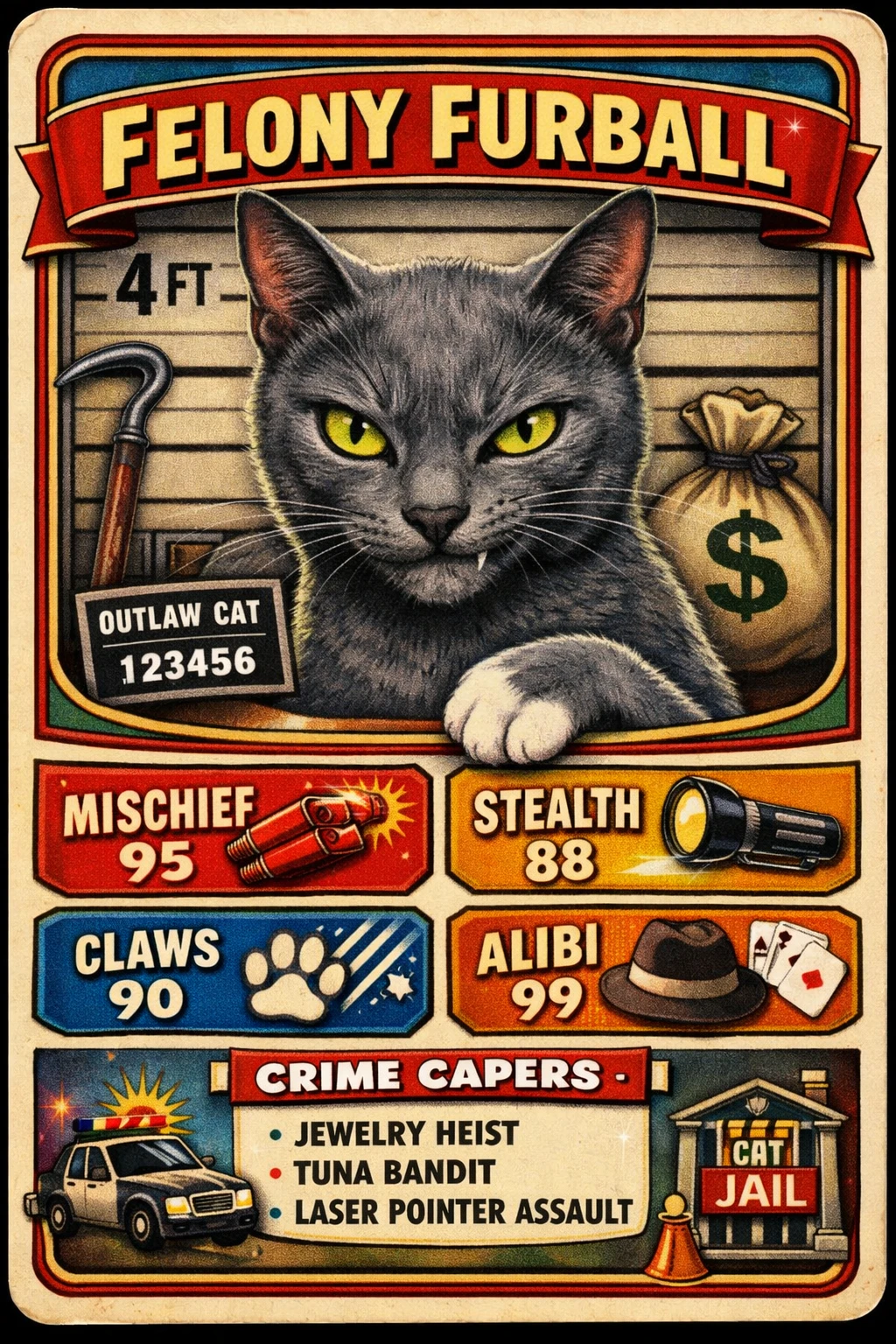 Verspielte kriminelle Hauskatze auf bunter Vintage-Sammelkarte