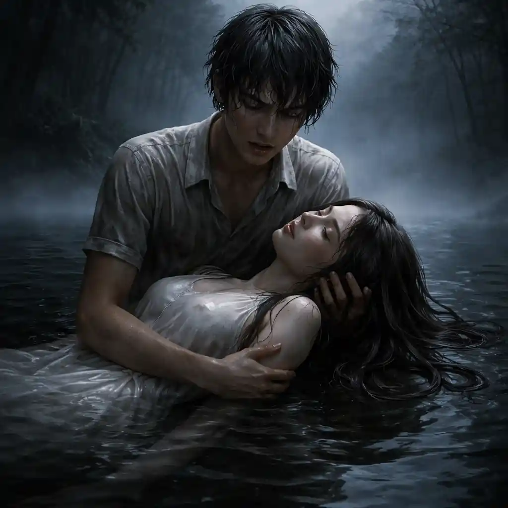 Teenage boy cradling unconscious girl in a foggy lake