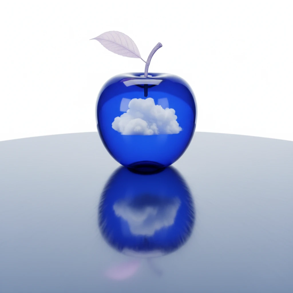 Blue glass apple with clouds on reflective metal table