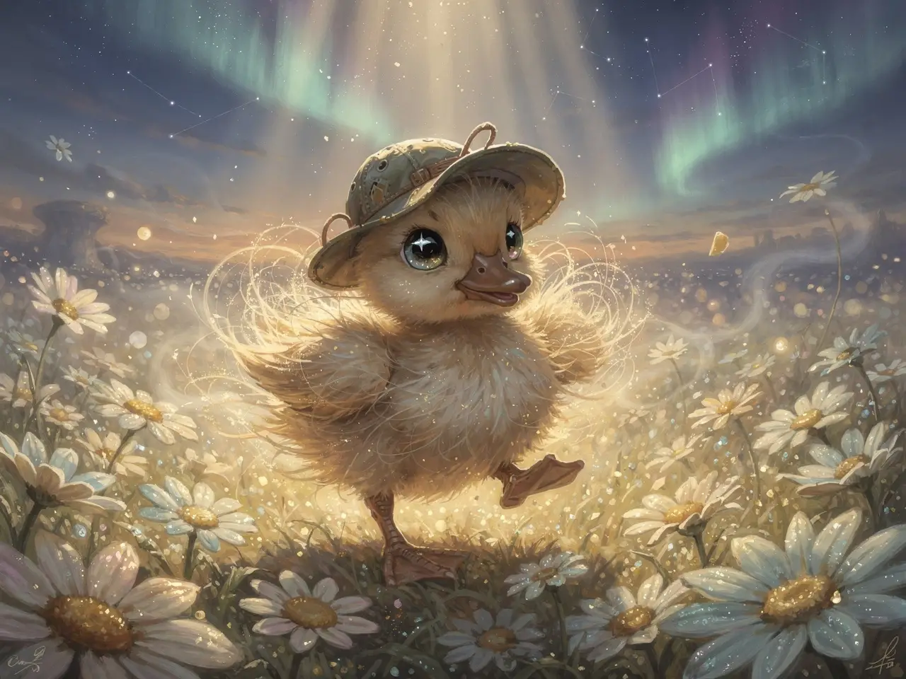 Fluffy duckling in rain hat walking through daisies