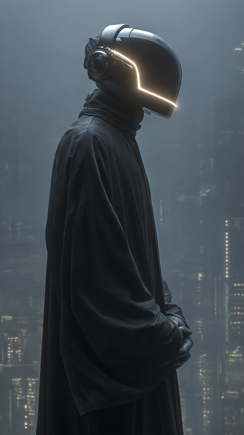 Homem futurista com armadura preta em paisagem apocalíptica