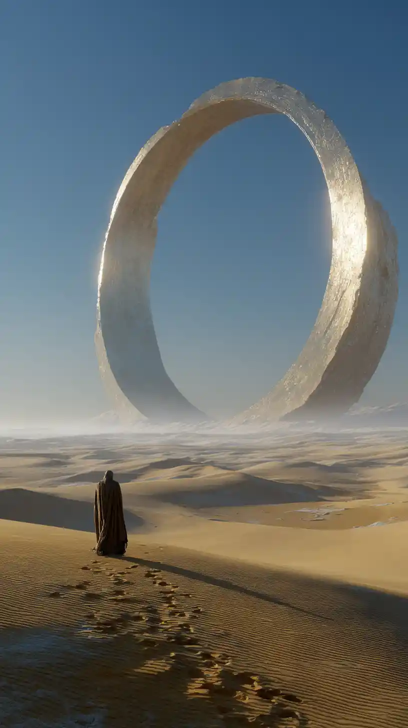 Colossal alien ring towering above vast desert dunes