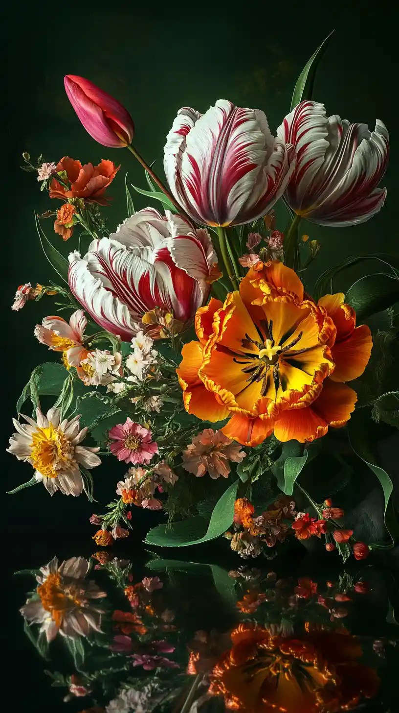 Natura morta con bouquet di fiori e composizione a curva S elegante